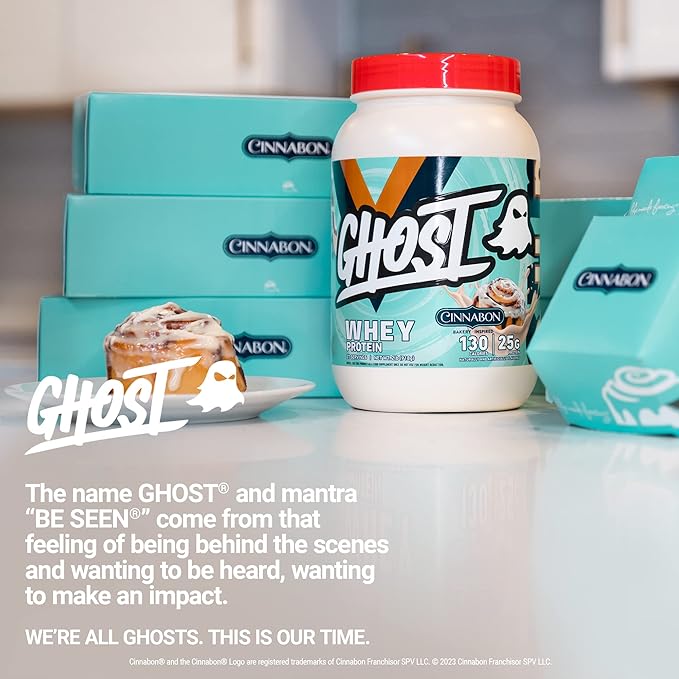 GHOST Whey Protein Powder Cinnabon - 2LB 25G of Protein - Cinnamon Roll Flavored Isolate Concentrate &amp Hydrolyzed Whey Protein Blend - Post Workout Shakes - Soy &amp Gluten Free
