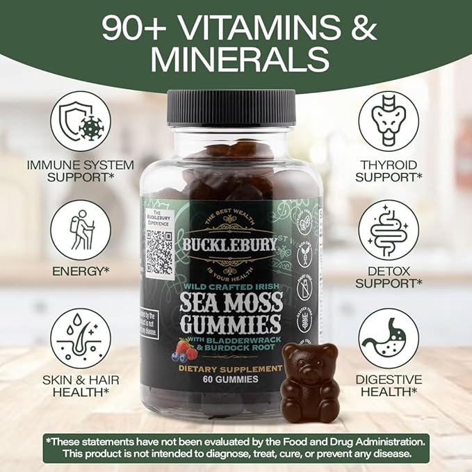 BUCKLEBURY Wild Crafted Irish Sea Moss Gummies with Bladderwrack &amp Burdock Root - Natural Chewable Multivitamin Vegan Sea Moss Gummies for Immune Thyroid &amp Digestive Support - 60 Count