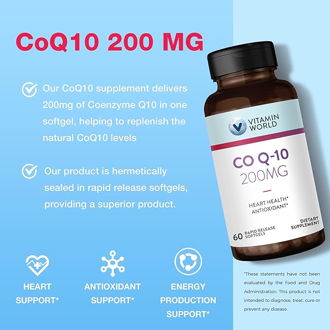 Vitamin World CoQ10 200 mg Softgels Coenzyme Q10 Supplements for Antioxidant Support Heart Health &amp Energy Production Gluten Free 60 Rapid Release Softgels
