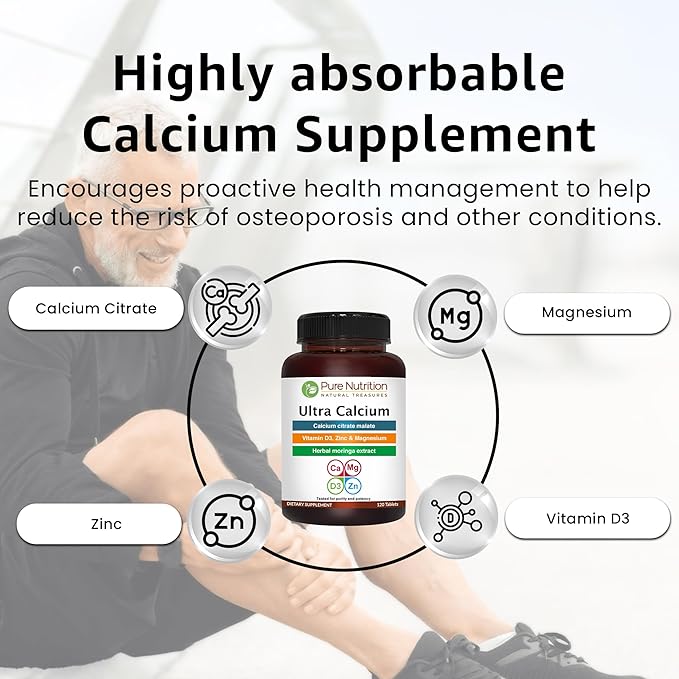 Pure Nutrition Ultra Calcium 1000mg with VIT D3 + K2 | 240 Tabs (120 X Pack of 2) | Calcium Supplement with Calcium Citrate Malate VIT D3 K2 Moringa Oleifera Magnesium and Zinc.