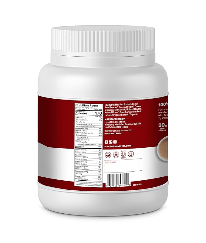 Manitoba Harvest Hemp Yeah Organic Plant-Based Protein Powder with 20g of Complete Plant 4g of Fiber &amp 1.9g Omegas 3&amp6 Non-GMO Vegan Chocolate 16 Oz Packaging May Vary