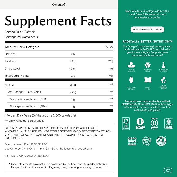 Needed. Prenatal Omega-3 - High Potency Dose of Sustainably Sourced Fish Oil 1000mg DHA 1000mg EPA Encased in a Gelatin-Free Plant-Based Softgel Shell