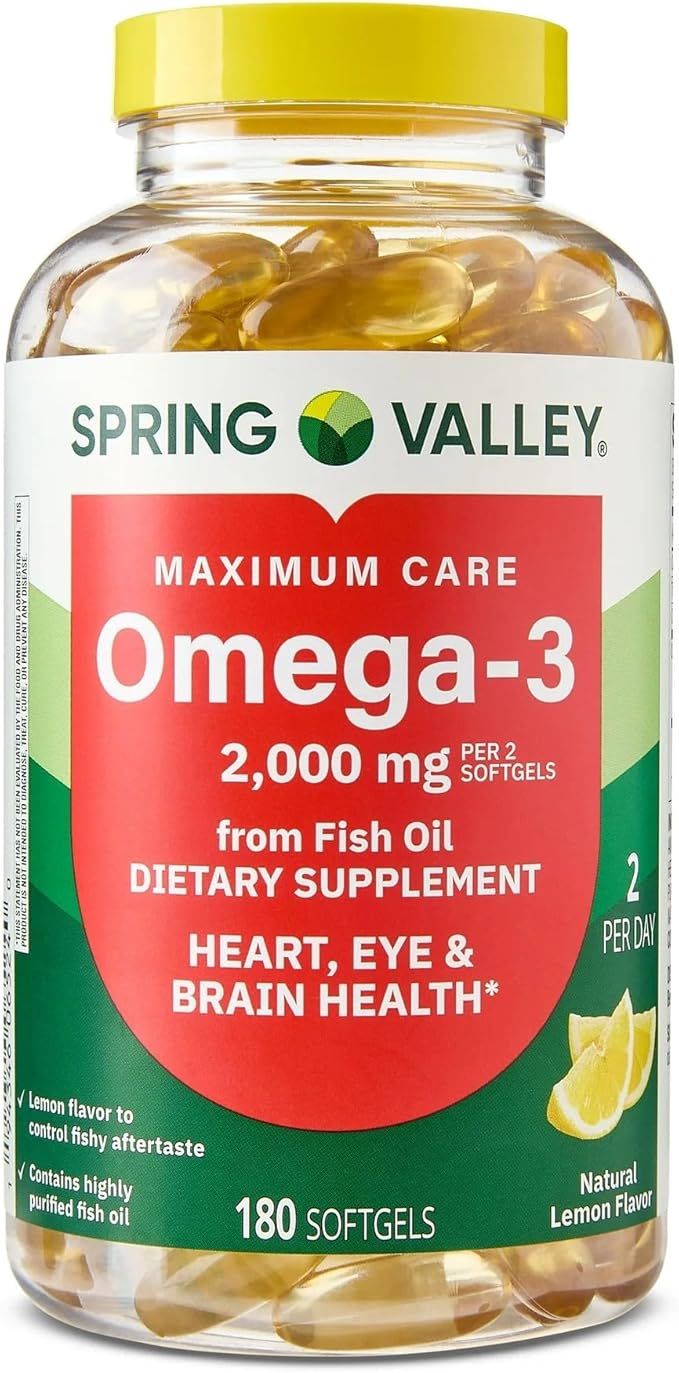 Spring Valley Maximum Care Omega-3 from Fish Oil Dietary Supplement Softgels for Eye Brain Bone &amp Heart Health 2000 mg 180 Count Pill Box.