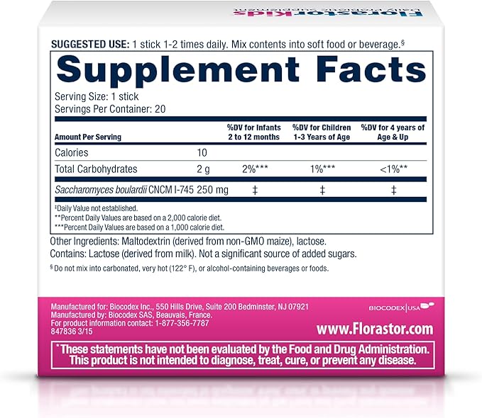Florastor Kids Daily Probiotic Supplement Unflavored Powder Mixes with Food or Beverage Use with Antibiotics Saccharomyces Boulardii CNCM I-745 (20 Sachets) Pack of 2