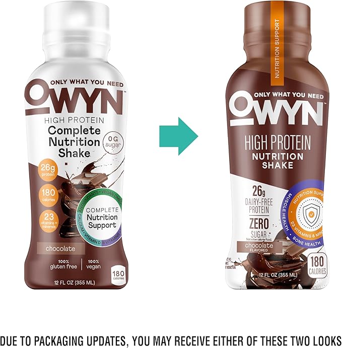 OWYN Only What You Need High Protein Shake Chocolate and Vanilla Flavored 26g Protein 0g Sugar 3g Fiber Dairy Free Plant Based Protein Drink 12 Count
