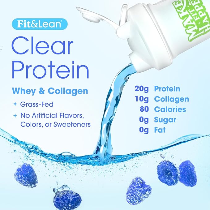Fit &amp Lean Clear Protein Powder with Whey Isolate Protein and Collagen Grass Fed Muscle Recovery Skin Joints GLP-1 Support 0g Sugar Blue Raspberry 20 Servings