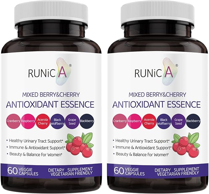 6X 6-in-1 Mixed Berry &amp Cherry Antioxidant Supplement - 6-Berry Extract for Even Skin Tone &amp Urinary Tract Health - 120 Vegan Capsules 60-Day Routine Bundle
