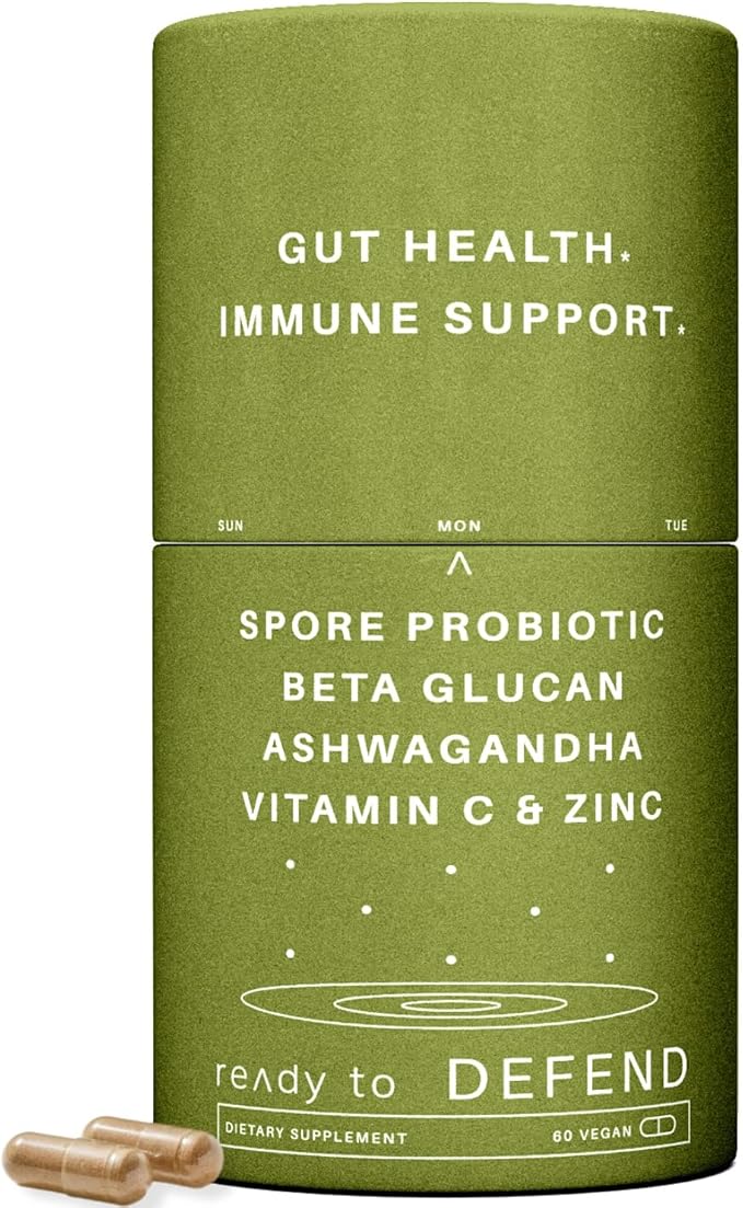 Defend Immune &amp Gut Support – Spore Probiotic DE111® Beta Glucan Ashwagandha – Supports Immunity Gut Health Stress &amp Bloating Relief Supplement – 60 Capsules