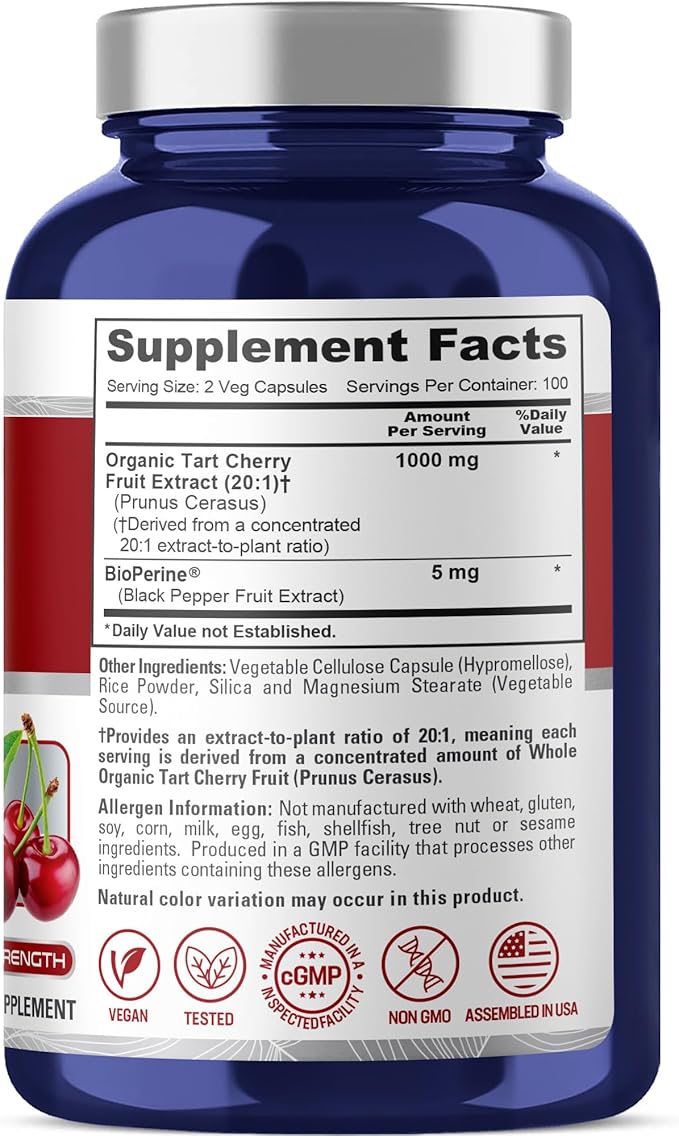 NusaPure Organic Tart Cherry 20:1 Extract 1000 mg Equivalent to 20000 mg 200 Veggie Caps (Vegan Non-GMO) Bioperine