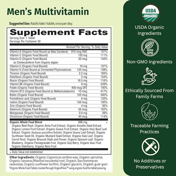 Men’s Multi Once Daily Whole-Food Multivitamin with 19 Vitamins &amp Minerals for Energy Heart Bone Strength Prostate &amp Immune Support Vegan Non-GMO 30 Count