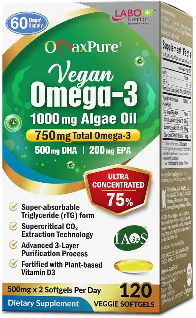 LABO Nutrition Vegan Omega 3 Algae Oil - Plant Based Fish Oil Alternative 750mg Omega-3 500mg DHA &amp 200mg EPA - Non-GMO &amp IAOS Certified - Heart Brain Eye Immune Joint Support 120 Softgels