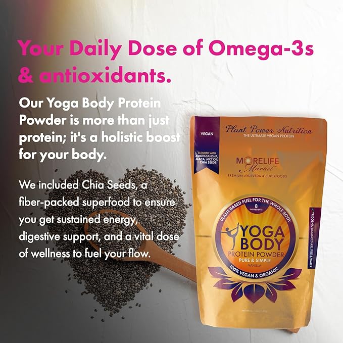 Yoga Body Protein Powder | 100% Vegan &amp Organic | Vanilla Flavor | Pea Hemp Chia | Plant Based Fuel | Meal Replacement | Ayurvedic-Friendly (1 lb)