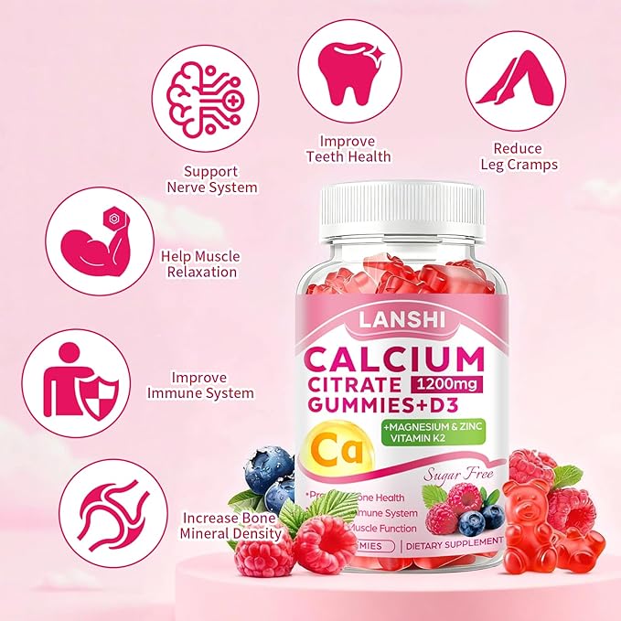 Calcium Citrate Gummies 1200mg with Vitamin D3 &amp K2 Supplements for Women &amp Men High Absorption Calcium Gummies Plus Magnesium Zinc for Strong Bones &amp Immune Support Mixed Berry Flavor