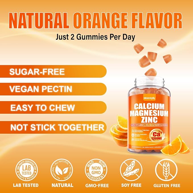 Calcium 1200 mg with Vitamin D3 Gummies for Adults - Calcium Citrate with Vitamin D3 K2 Magnesium Zinc Boron Copper and Ashwagandha - Extra Absorption Calcium Supplement for Women Men