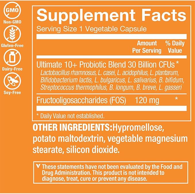 The Vitamin Shoppe Ultimate 10+ Probiotics 30 Billion CFU - 10 Probiotic Strains for Digestive Health Immune &amp Gut Support (60 Vegetable Capsules)