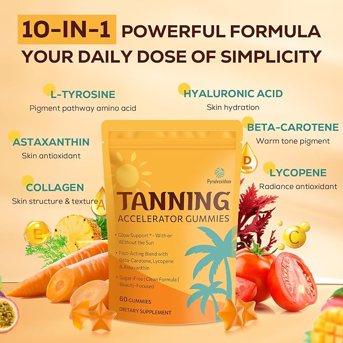 Tanning Gummies with Astaxanthin for Women and Men | Sunless Tanning Supplement with Beta Carotene Lycopene Collagen &amp Vitamins | Skin Radiance &amp Hydration | Vegan &amp Sugar Free - 60 Coun