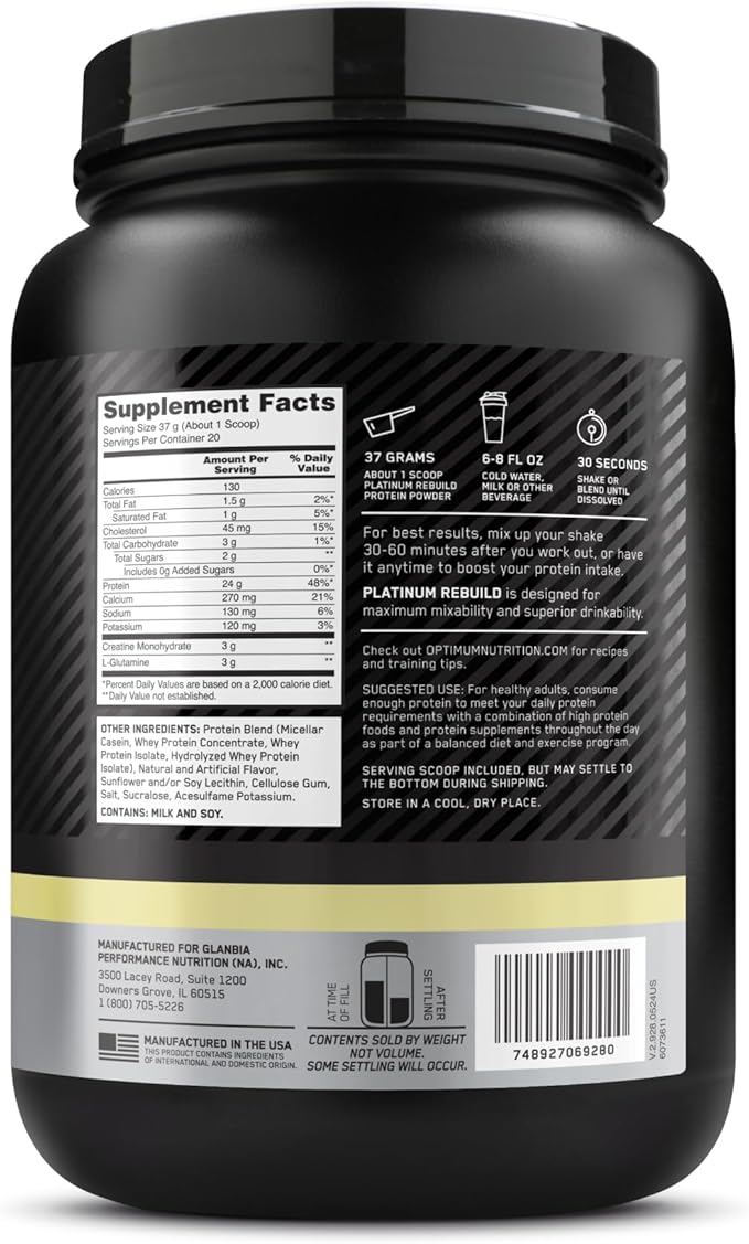 Optimum Nutrition Platinum Rebuild Premium Platinum Blend Protein Powder with Creatine Vanilla Buttercream 20 Servings