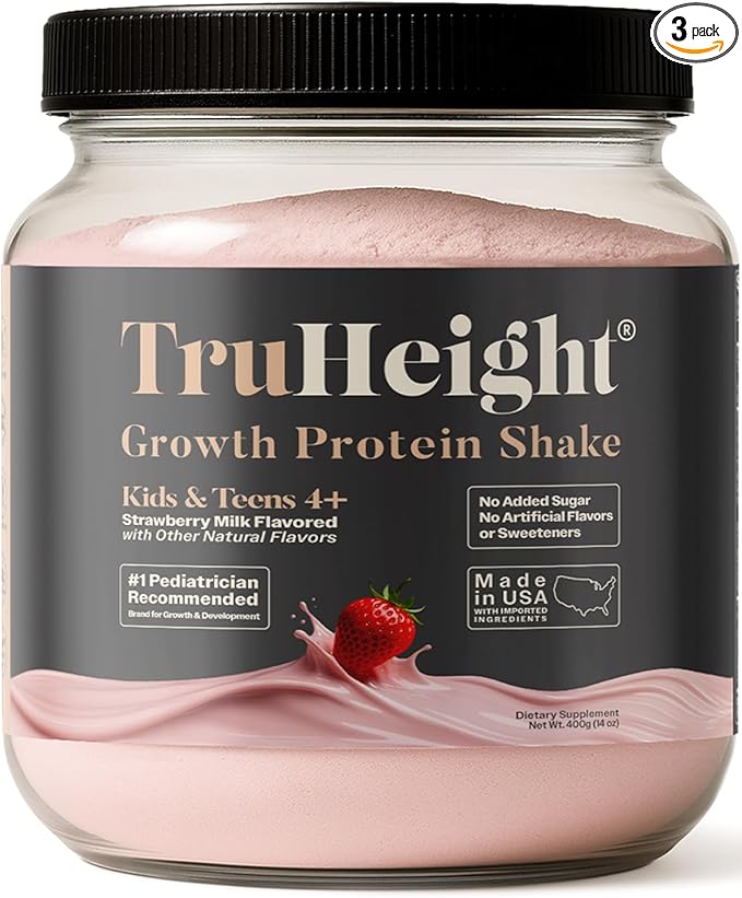 TruHeight Growth Protein Shake (Strawberry Milk Flavor Whey) Growth &amp Development Protein Powder for Kids &amp Teens - Pediatric Weight Gain Drinks - Picky Eater Vitamin Ages 4+