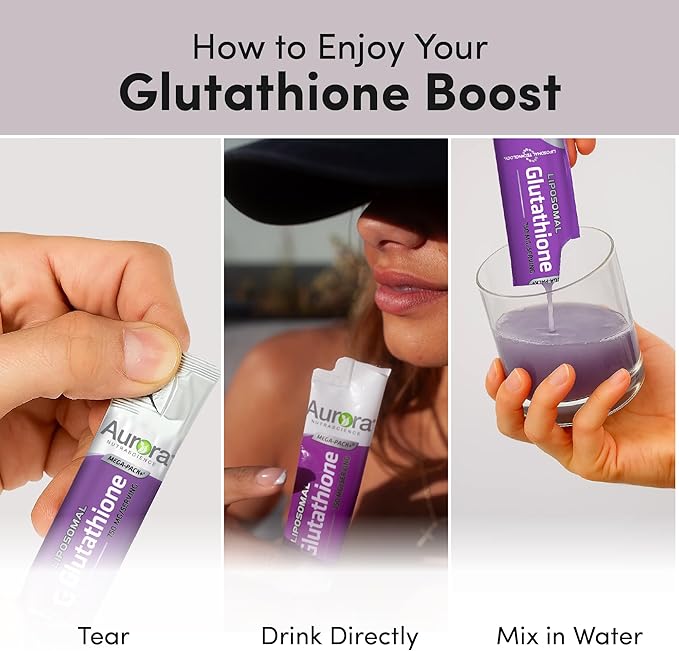 Aurora Nutrascience Mega-Pack Liposomal Glutathione Immune System Support Antioxidant 750 mg per Serving 32 Single-Serve Packets Gluten Free Non-GMO Sugar-Free 16 fl oz (480mL)
