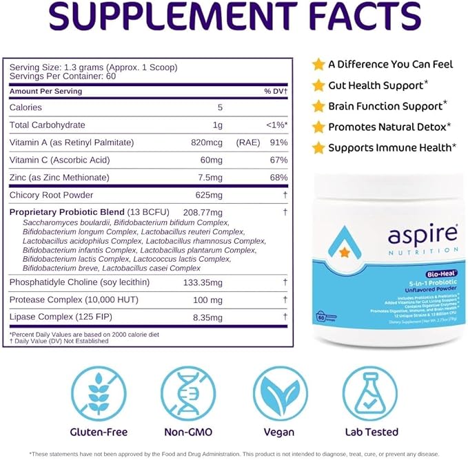 Aspire Nutrition 5-in-1 Bio-Heal® Probiotic for Kids Men &amp Women - Best Supplement for Brain Function Gut Health &amp Constipation - Shelf Stable &amp Fortified with Vitamin Mineral &amp Pre