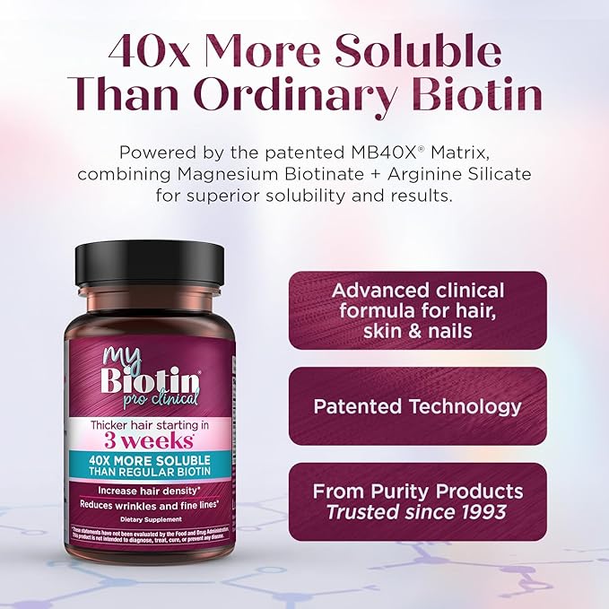 Purity Products MyBiotin ProClinical – Thicker Hair Starting in 3 Weeks &amp Fights Wrinkles - MB40X Patented Biotin Vitamin B7 Matrix w/Astaxanthin - 40X More Soluble vs Ordinary Biotin 90 Veg Caps
