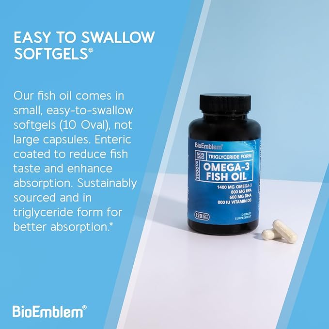 BioEmblem Omega-3 Fish Oil 2000mg - Small Size Softgels High Absorption Form Sustainable - 1400mg EPA &ampDHA Plus Vitamin D3 Non-GMO Heart Joint &amp Brain Health Fish Oil Supplement 120 Ct