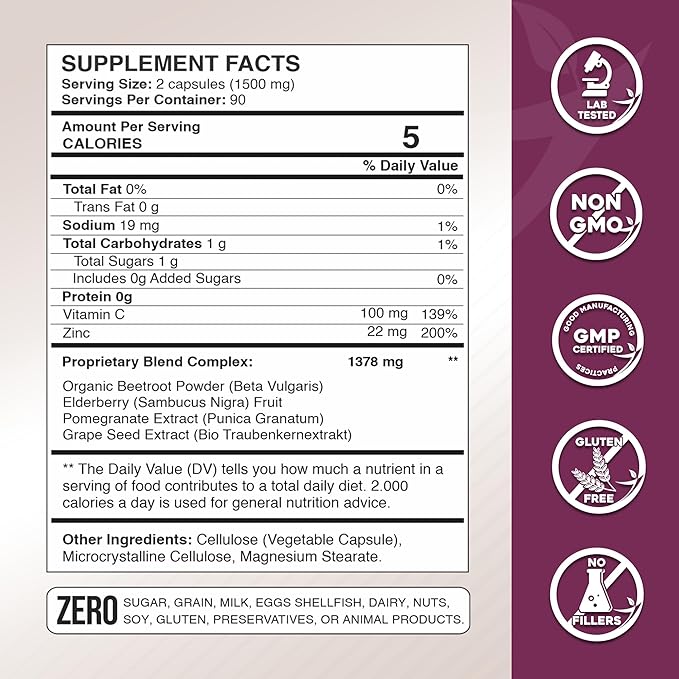 Gade Nutrition Hero Beets - Beet Root Capsules 1500mg - Organic Beet Root Powder + Vitamin C Zinc Elderberry Pomegranate Grape Seed Extract - 3 Months Supply