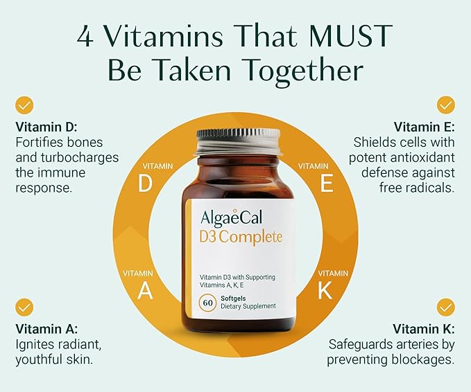 ALGAECAL Bundle - D3 Complete (1000 IU) + K2 Vitamin E Vitamin A &amp Plant-Based Calcium for Stronger Bones