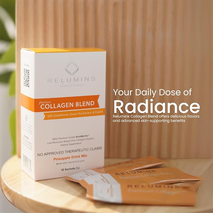 Relumins Premium Collagen &amp Gluta-1000 Bundle - 10 Sachets of Marine Collagen (Pineapple Flavor) + 60 Vegetarian Capsules - Supports Skin &amp Wellness
