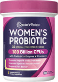 Doctor's Recipes Probiotics for Women 100 Billion CFU 32 Strains with Prebiotic Enzymes &amp Cranberry Shelf Stable Delayed Release 30 Caps