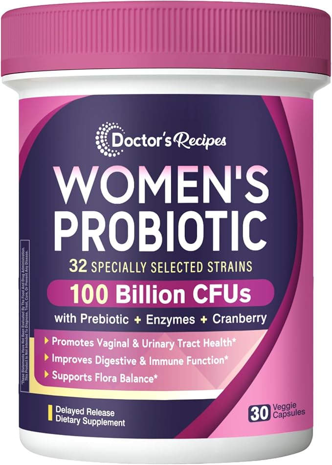 Doctor's Recipes Probiotics for Women 100 Billion CFU 32 Strains with Prebiotic Enzymes &amp Cranberry Shelf Stable Delayed Release 30 Caps