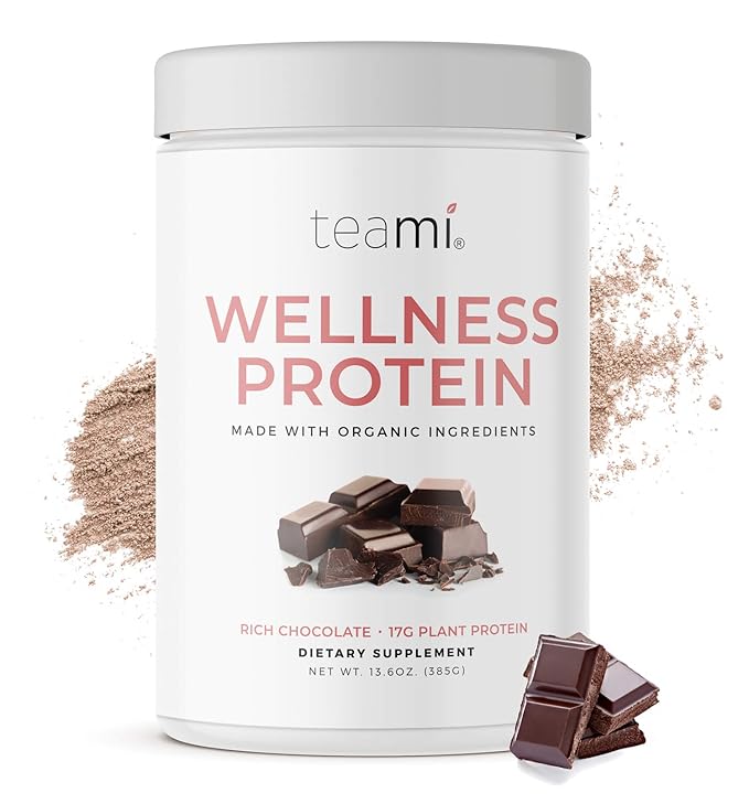 Teami Wellness Vegan Protein Powder - Organic Ingredients (14 Servings 13.6 Ounce) Smooth Textured Chocolate Plant Based Protein Powder Low Net Carbs Non-GMO Dairy Free Soy Free No Sugar Added