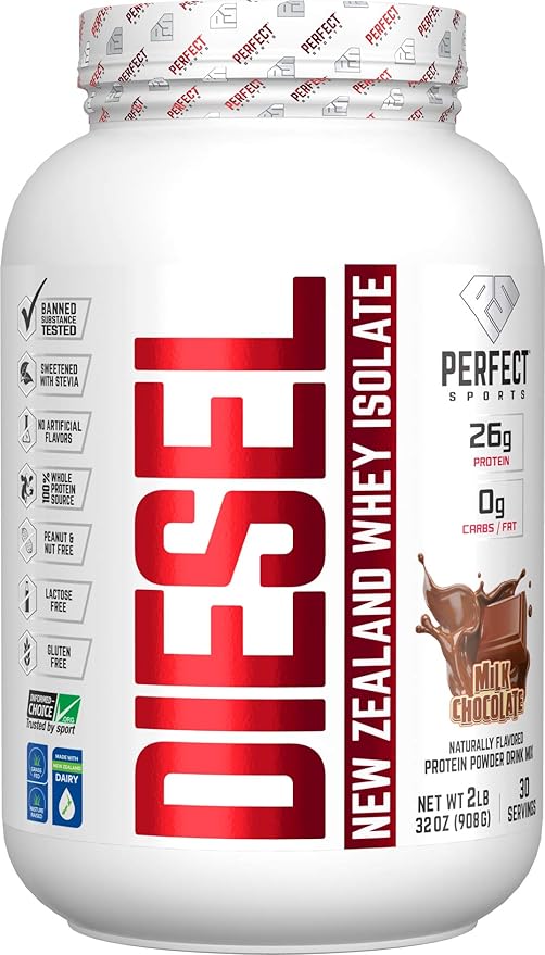 PERFECT SPORTS Diesel 100% New Zealand Whey Protein Isolate | Stevia Sweetened No Artificial Ingredients Keto | 0g Carb 0g Fat 26g Protein | 2 Pounds (Milk Chocolate)