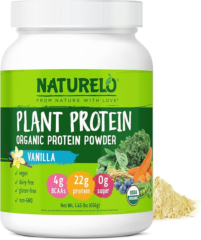 NATURELO Plant Protein Powder Vanilla 22g Protein - Non-GMO Vegan No Gluten Dairy or Soy - No Artificial Flavors Synthetic Coloring Preservatives or Additives - 20 Servings