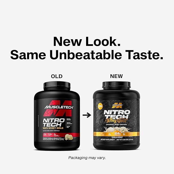 MuscleTech Whey Protein Powder (Vanilla Cream 5LB) - Nitro-Tech Whey Protein Isolate Smoothie Mix for Lean Muscle &amp Recovery - 24g of Whey Gold for Women &amp Men - Packaging May Vary