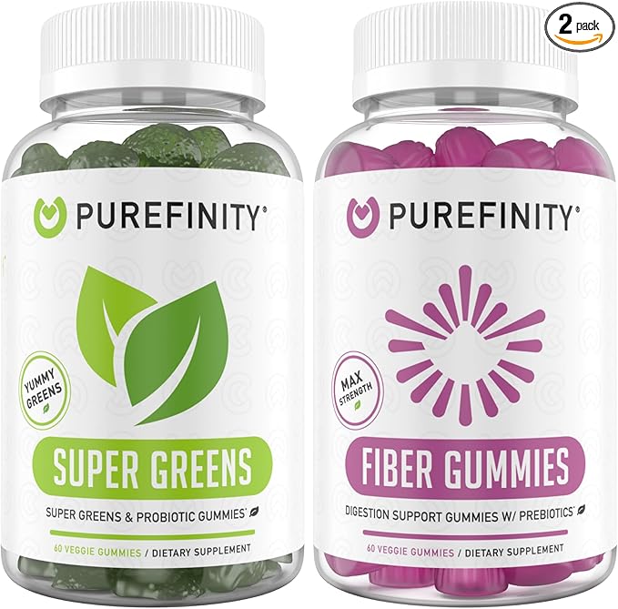 PUREFINITY Fiber + Super Greens Gummies Bundle (Inulin FOS Prebiotic Fiber Gummies + Super Greens Gummies – Daily Supergreens with Spirulina Alfalfa Spinach Broccoli Beet Root Acai)
