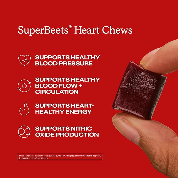 Humann SuperBeets Heart Chews Nitric Oxide and Blood Pressure Support Grape Seed Extract &amp Non-GMO Beet Root Powder Energy Supplement Pomegranate Berry Flavor 60 Count