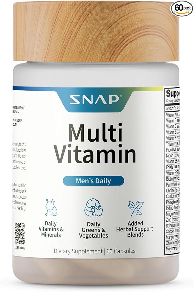 Snap Supplements Men's Multivitamins - Daily Vitamins &amp Minerals for Men - Vitamin D B12 Zinc Herbs &amp Vitamin C for Energy &amp Immune Support Multivitamin for Men 60 Capsules