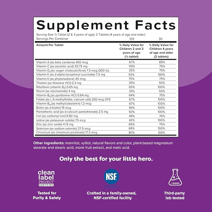 Renzo's Picky Eater Kids Multivitamin with Iron Dissolving Kids Vitamins with Vitamin D3 &amp K2 and More 60 Sugar-Free Melty Tabs Cherry Mo’ Cherry Flavored