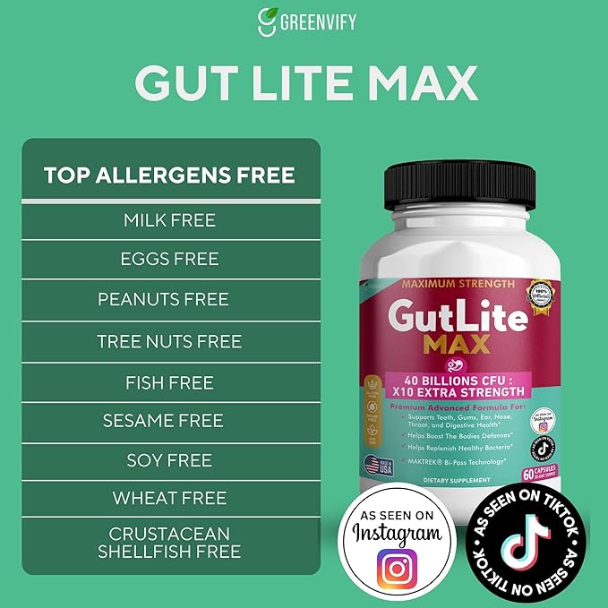 GutLite Max Probiotic Supplement Maximum Strength 40 Billion CFU 60 Capsules 30-Day Supply MAKTREK Bi-Pass Technology (1)