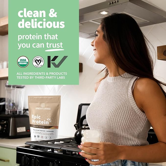 Sprout Living Epic Protein Plant Based Protein &amp Superfoods Powder Complete Coffee | 20 Grams Organic Protein Powder Adaptogens Mushrooms Vegan Non-GMO Gluten Free (1 Pound 12 Servings)