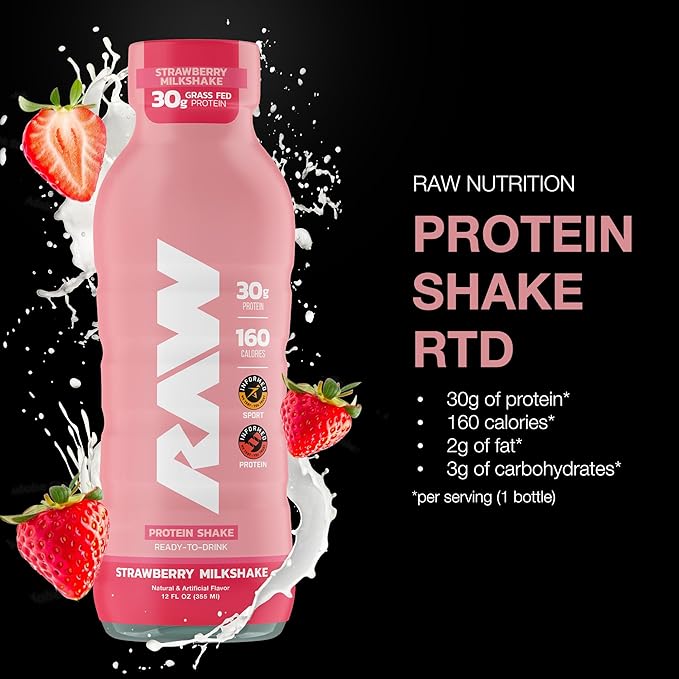 RAW Ready-to-Drink Protein Shake Strawberry - RTD Protein Drinks with Grass-Fed Whey Protein Isolate for Post-Workout - Zero-Sugar &amp Gluten-Free Meal Replacement Drink &amp Breakfast Shake 12 F