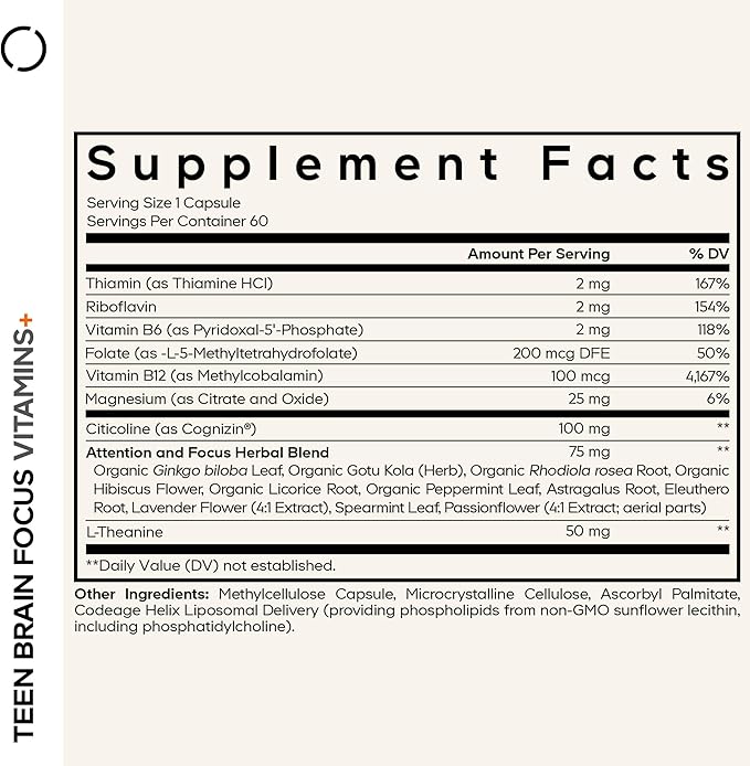 Codeage Teen Brain Focus Vitamins+ Citicoline Cognizin L-Theanine Ginkgo Rhodiola Lavender Magnesium Vitamin B6 B12 Folate - 2-Month Supply - 12-18 Years - Liposomal Supplement - 60 Capsules