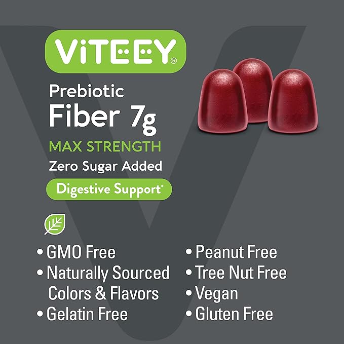 Viteey Prebiotic Fiber Gummies for Adults 7g - Gut Health &amp Digestive Soluble Fiber Supplement Gummies - Zero Sugar Added Vegan Gluten-Free - 90 Count