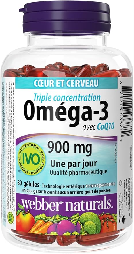 Webber Naturals Triple Strength Omega-3 with CoQ10 enteric coated 900 mg Omega-3 (EPA • DHA)/ 100 mg CoQ10 80caps