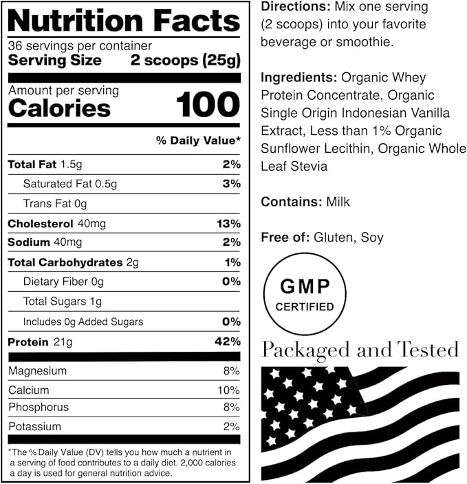 NorCal Organic Vanilla Whey Protein - 2lbs | Grass-Fed Single-Origin Vanilla | Certified Non-GMO &amp American Humane from California Farms