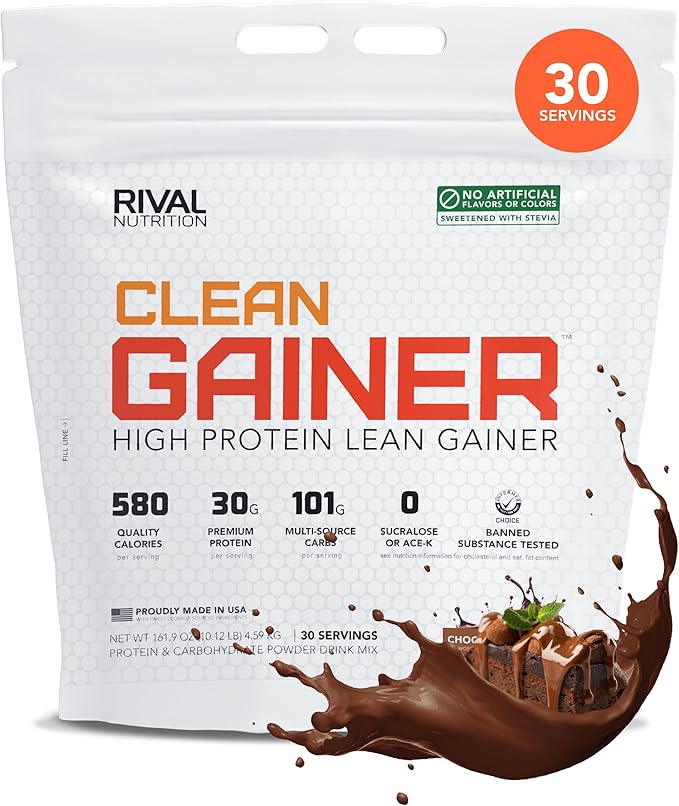 RIVAL NUTRITION Clean Gainer Protein Powder - 10LB Chocolate Fudge - High Protein Lean Mass &amp Weight Gainer | 560 Calories 30g Protein 101g Multi-Source Carbs No Artificial Flavor– 30 Servings
