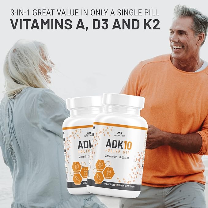 ADK 10 Vitamin Supplement + Olive Oil for Better Absorption - with Vitamins A + D3 (10000 iu) + K2 (MK7+MK4) - 90 Capsules - Vegetarian - Non-GMO