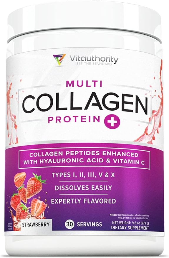 Multi Collagen Peptides Powder for Women - Hydrolyzed Flavored Collagen Powder for Women with Types I II III V &amp X Vitamin C &amp Hyaluronic Acid for Hair Skin and Nails (Strawberry) - 30 Serving