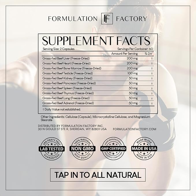 Formulation Factory Primal Power 10-in-1 Grass-Fed Organ Supplement with Beef Liver Heart Marrow Testicle Kidney Supports Vitality Hormones Energy Immunity (6 Month Supply 360 Capsules)